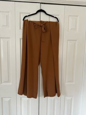 Wide Leg Tie-Waist Wrap Pants in Camel Brown